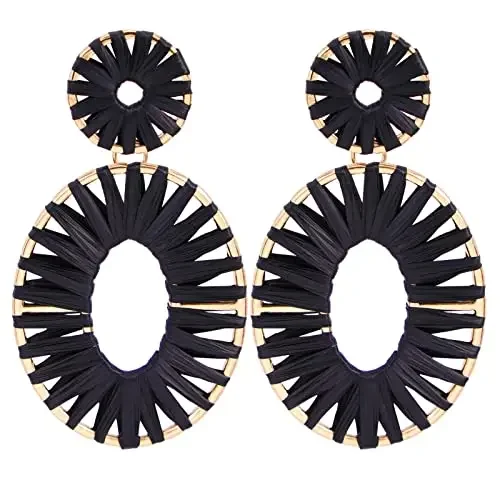 

Vintage Hand Made Woven Raffia Stud Earrings Bosimi Geometric Oval Raffia Studded Earrings for Women Vacation Jewelry Gift