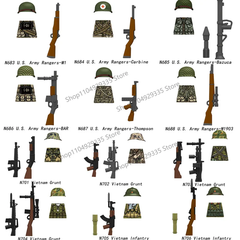 N683-688 N701-706 US Army Soldier Figures Building Blocks Ranger Vietnam Infantry Grunt Gun Helmet Accessories Bricks Toys Gifts