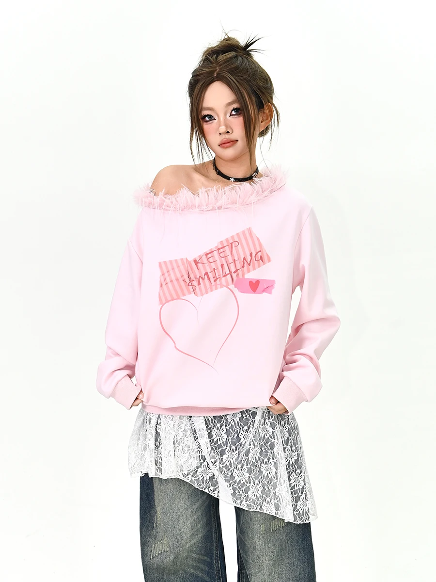 

Женская свободная толстовка с капюшоном и меховым воротником Lazy Love Heart, в японском ретро-стиле, с открытыми плечами, весна 2026, уличная мода