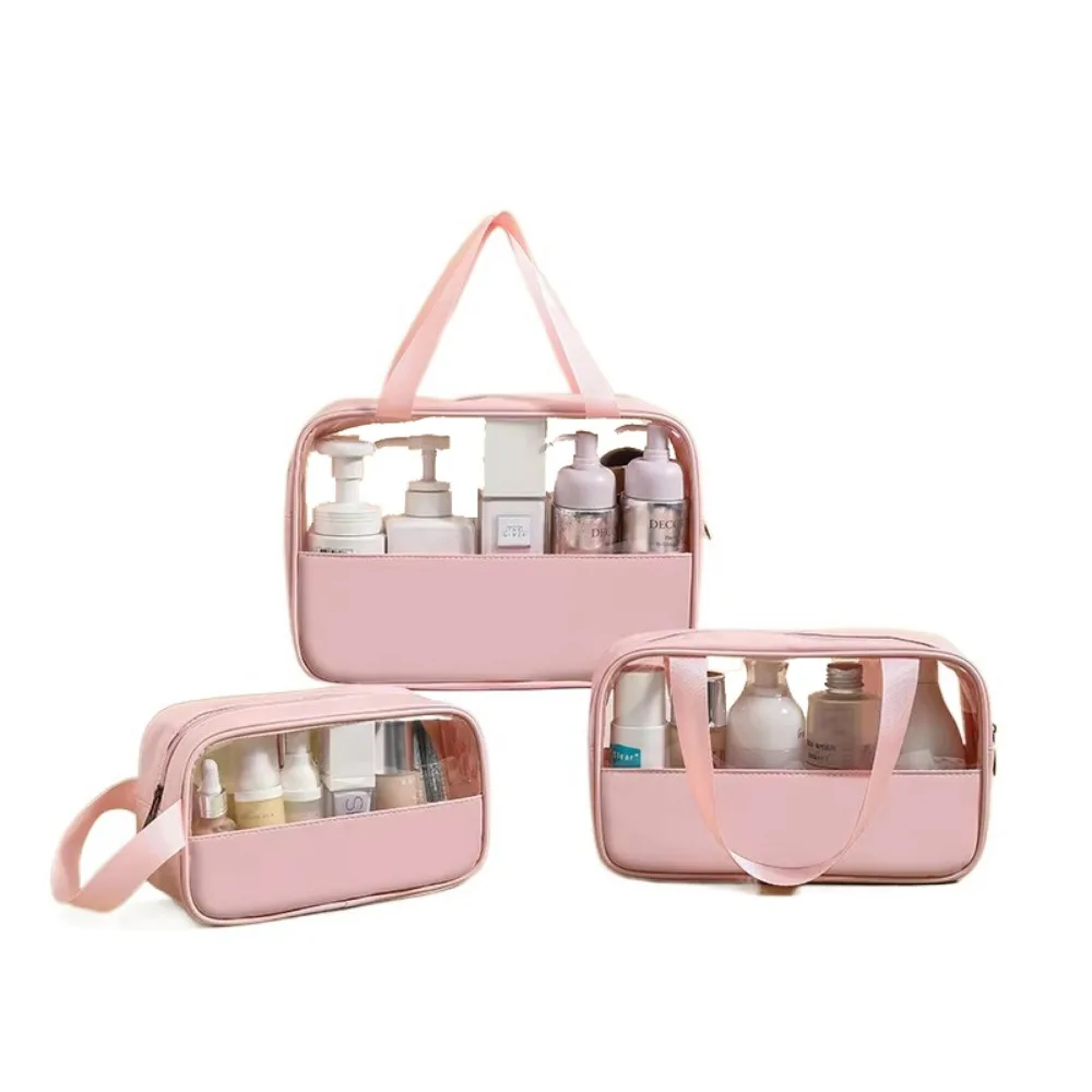 Transparent Travel Cosmetic Bag with Handle Zipper Closure Portable Toiletry Pouch Easy Carry-On Square Women Wash Pack Makeup