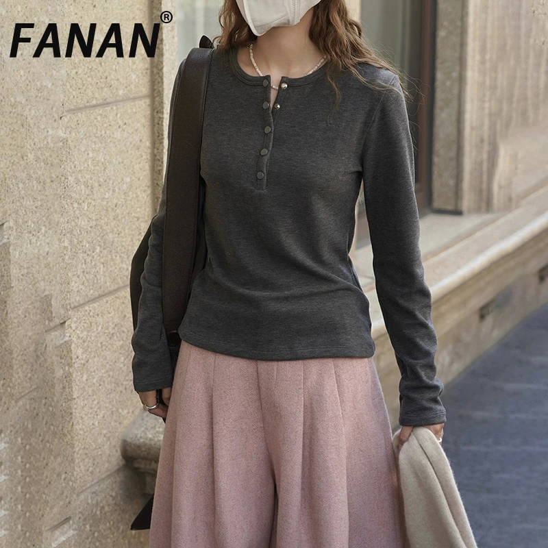 

FANAN Korean Style Wool T-shirt For Women Round Neck Pullover Tops Office Lady Warm Bottoming Clothing Female 2025 Winter New