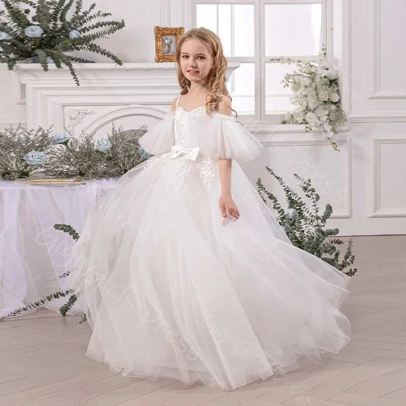 

Платье принцессы для девочек по индивидуальному заказу, тюлевые платья с заниженными бретелями и аппликацией для девочек-цветочниц на свадьбу, день рождения, бальное платье