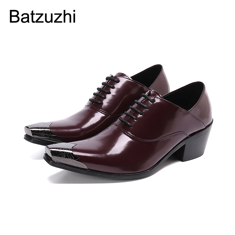 

Batzuzhi 6.5cm High Heel Men's Shoes Pointed Metal Toe Leather Dress Shoes Men Lace-up Party and Wedding Zapatos Hombre