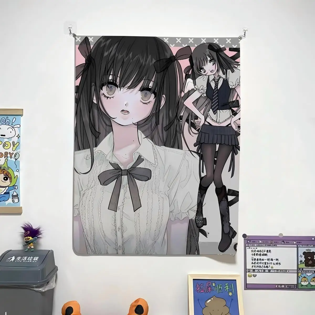 VIKAMA Preppy Uniform Girl Wall Tapestry Dark Tone Kawaii Wall Hanging Anime Illustration Dorm Bedroom Background Wall Decor