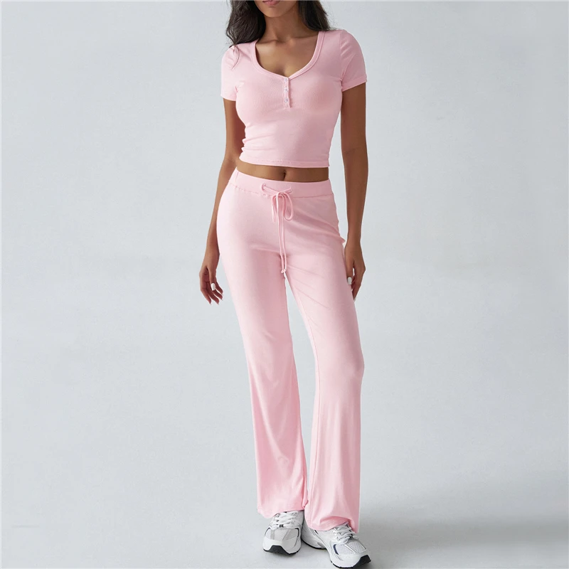 Feminino 2 peça outfits primavera verão casual cor sólida colheita manga curta henley camisa e cordão queimado calças conjunto streetwear