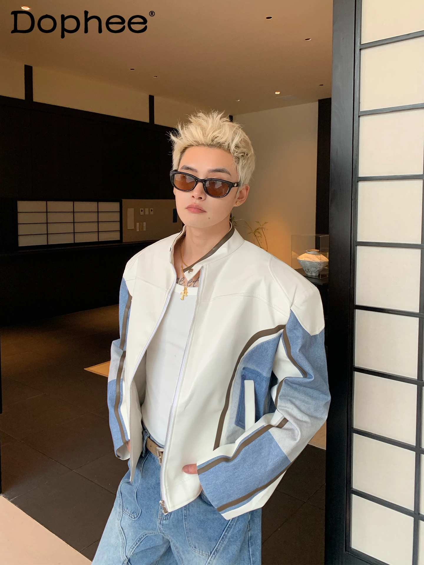 

Men's 2025 Autumn New Padded Shoulder Contrast Color Splicing Faux Leather Jackets High Street Motorcycle Jacket Leather Coats