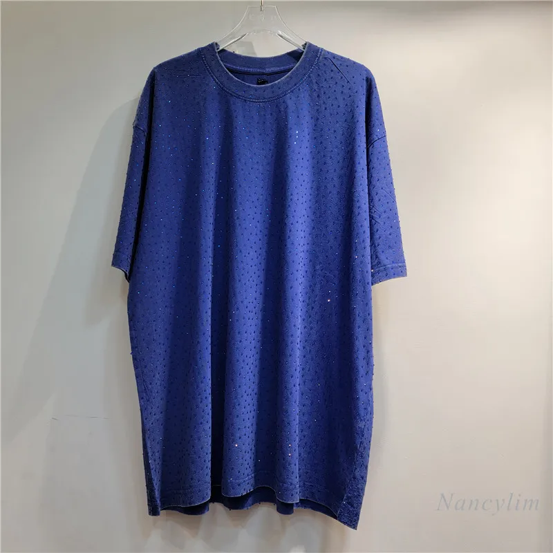 American Retro Washed and Worn Mid-Length Heavy Industry Full Diamond Niche Short-Sleeved T-Shirt for Women Summer Loose Top