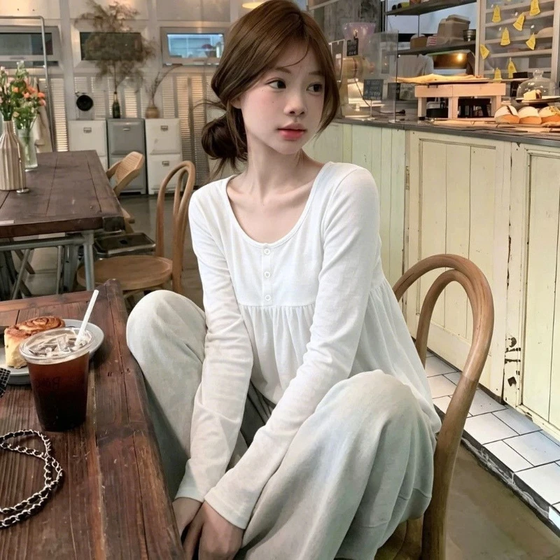 Japanese Kawaii Lolita Style T Shirts Women Sweet Ruffle Solid Color Long Sleeves Tops Harajuku Autumn Girls Casual Basic Tees