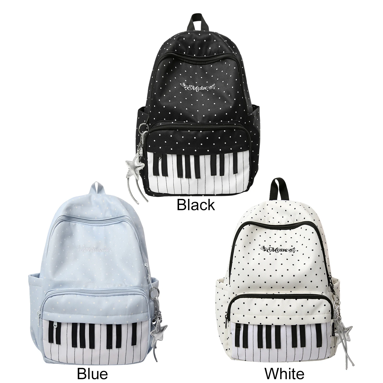 Nylon Polka Dot Piano Key Backpack 16.9 Inch with Pendant Laptop Bag for Teen Girls Travel Shopping Daily Use
