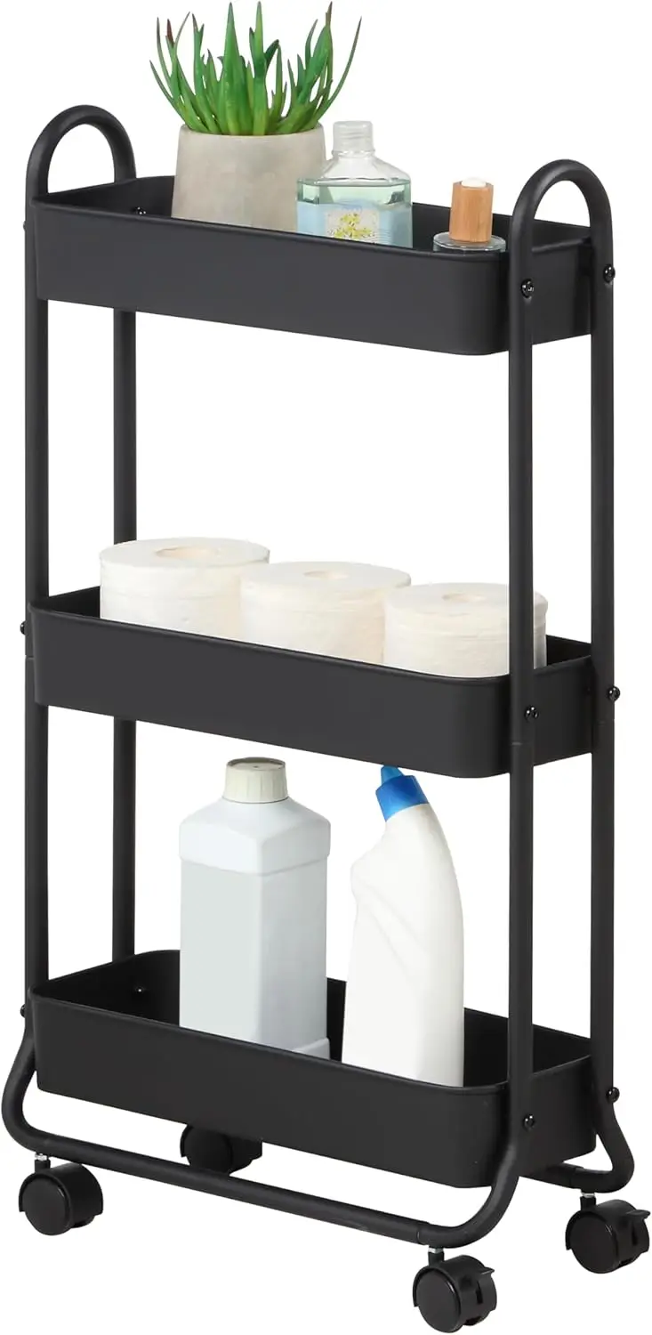 

Slim Rolling Storage Cart, 3 Tier Bathroom Storage Organizer Bathroom, Laundry Utility Cart (Black)