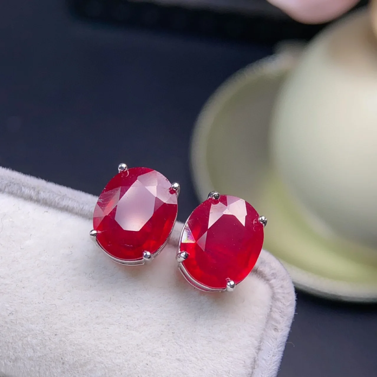 New Heat-Treated Ruby Stud Earrings, Oval Cut 10*12mm, 925 Sterling Silver Setting
