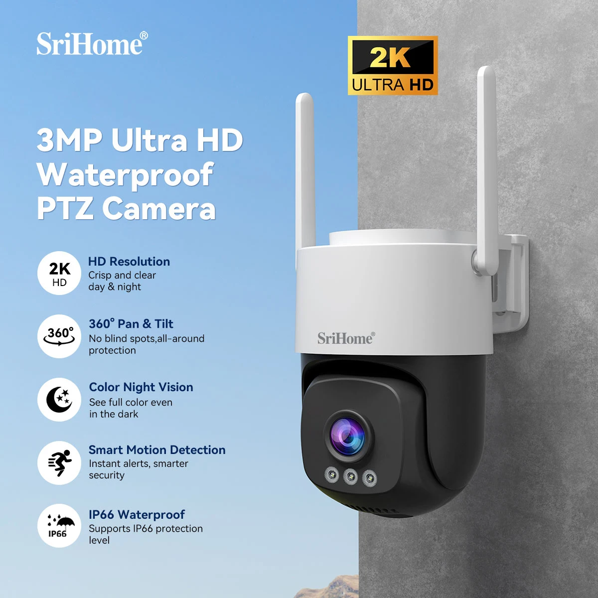 3MP SH056 Security Camera PTZ Color Night Vision IP66 Waterproof 350° Pan Tilt Rotation Two-way Audio 2.4G/5G WiFi APP Camera