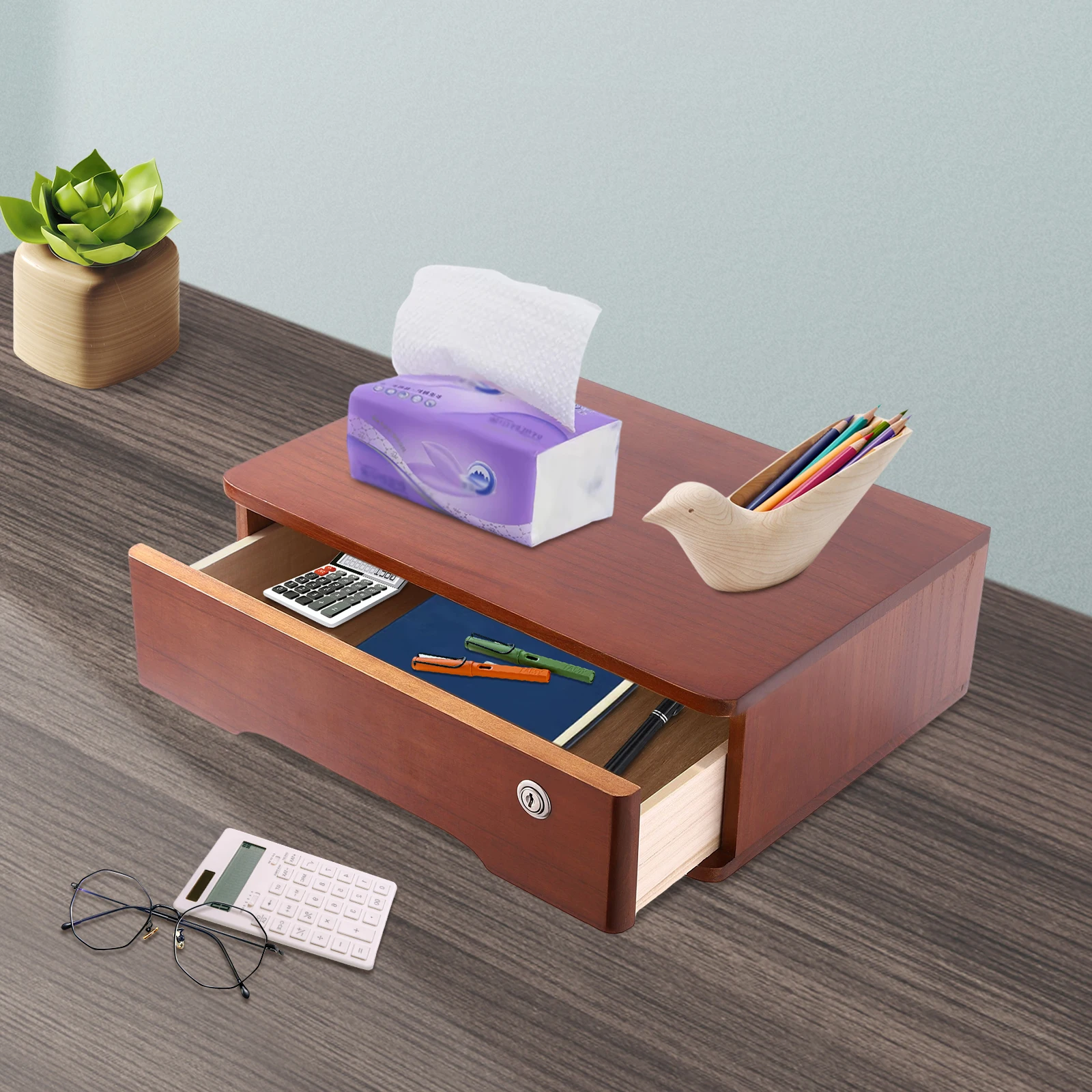 1-Drawer Walnut Wooden Desktop Storage Box Rectangular Desk Organizer Office Supplies File Organizer With 2* Keys