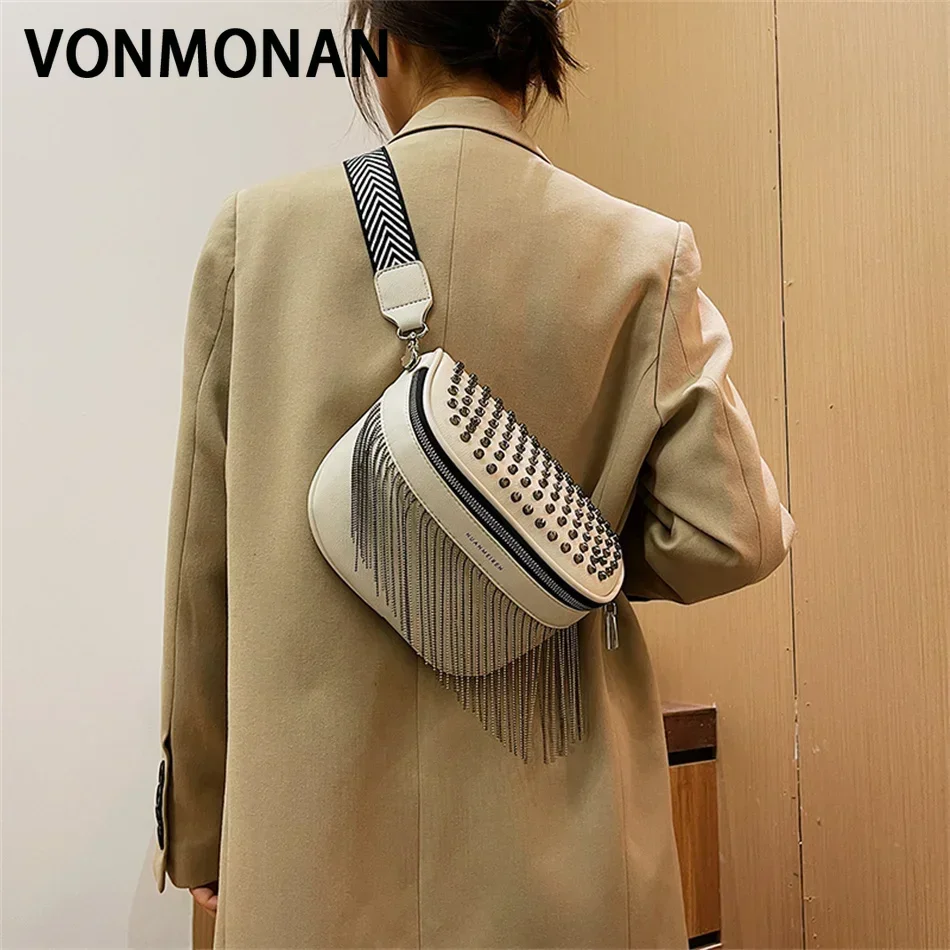 Luxury Woman Chest Bag Fashion Tassel Leather Large Capacity Crossbody Sling  Bag Women Waist Bag Casual Rivet Design Travel Sac