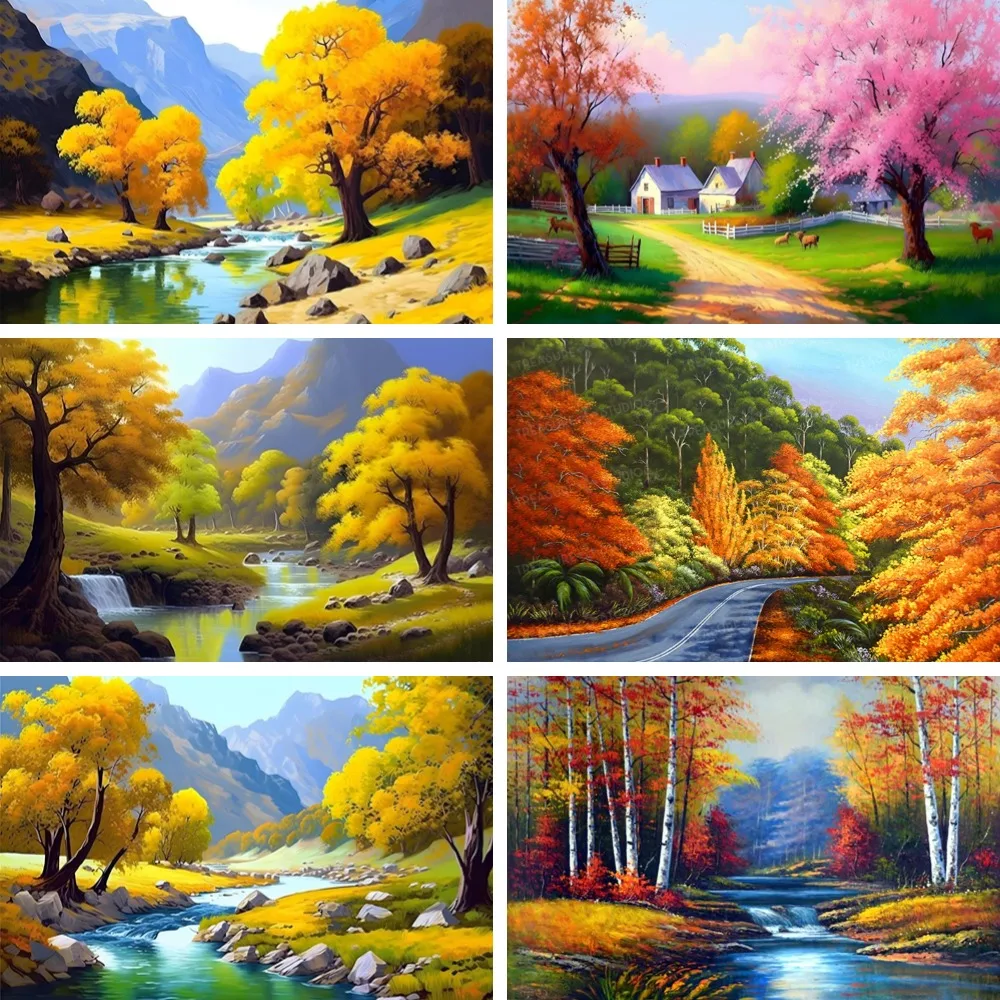 

Full Drill Autumn Yellow Leaves Tree Diamond Gem Art Painting Nature Landscape Magic River Enchanting Forest Scene Decor Gift