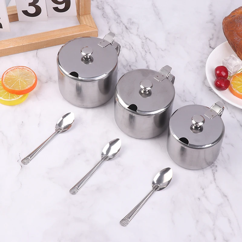 Practical Stainless Steel Sugar Bowl With Handle Lid Spoon Dustproof Waterproof Seasoning Jar Kitchen Restaurant Spice Container