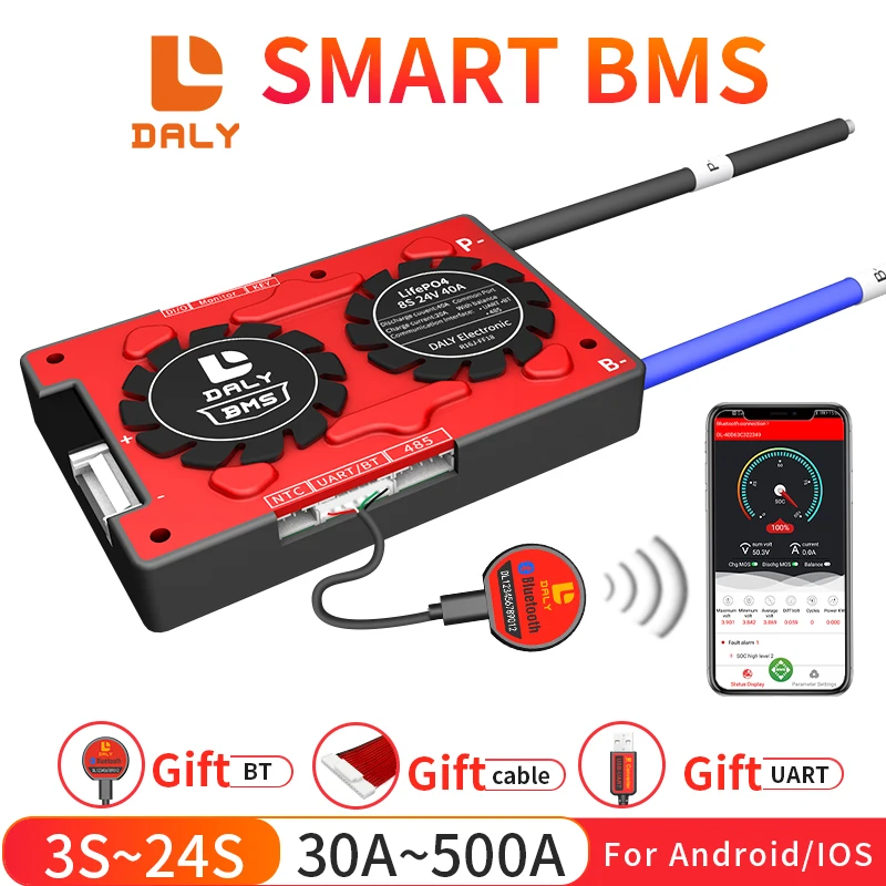 Daly Smart LiFePo4 BMS 4S 12V 24V 36V 48V BT 30A 60A 80A 100A 120A 150A 200A 250A 300A 400A 3S 7S 8S 10S 12S 13S 16S 24S