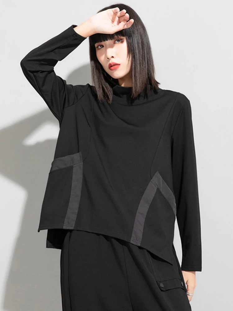 [EAM] Loose Fit Black Pocket Irregular Sweatshirt New Stand Collar Long Sleeve Women Big Size Fashion Spring Autumn 2024 1DE4263