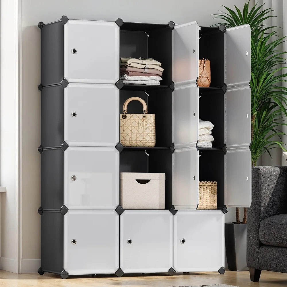 12-Piece Set of Plastic Storage Boxes, DIY Modular Wardrobe Organizer with Doors, Suitable for Bedrooms and Living Rooms,