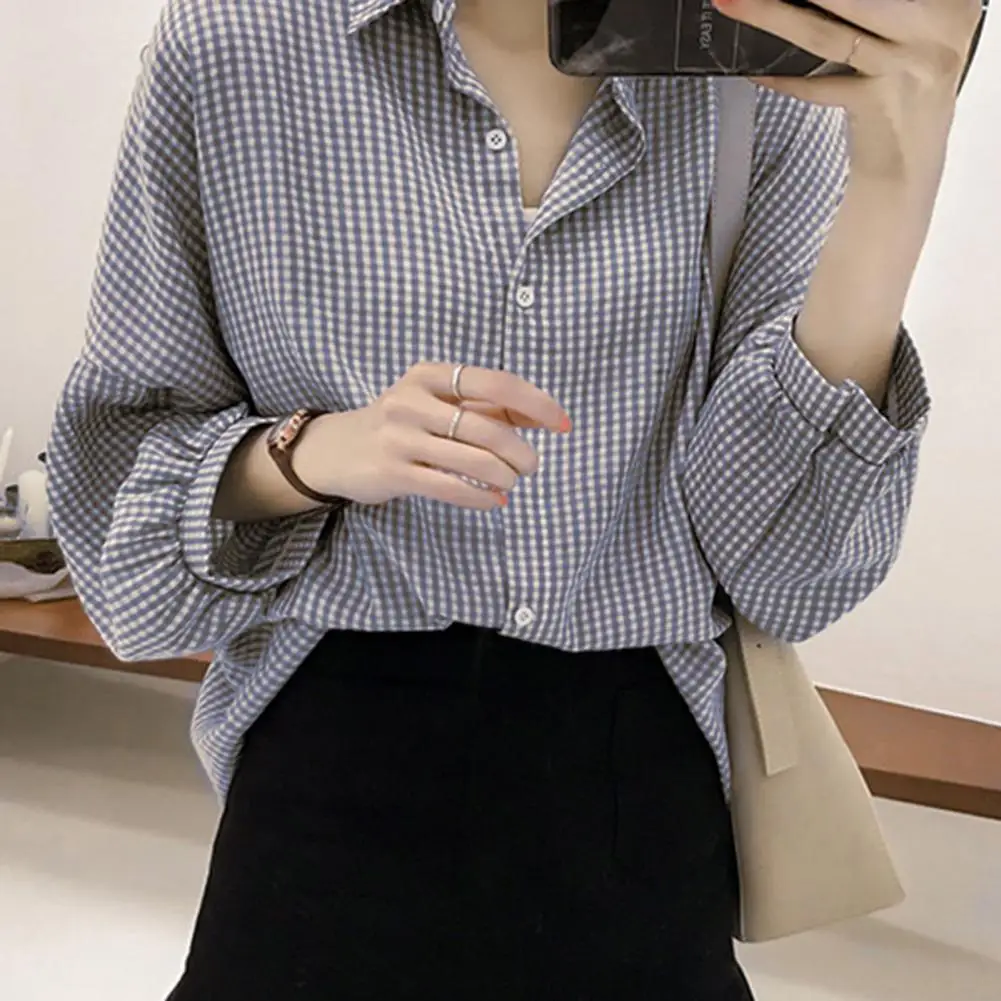 Plaid Women Shirt Women Early Autumn Loose Lantern Sleeve Checkered Shirt Long Sleeve Top Shirt Jacket Women Casual Tunic Shirts