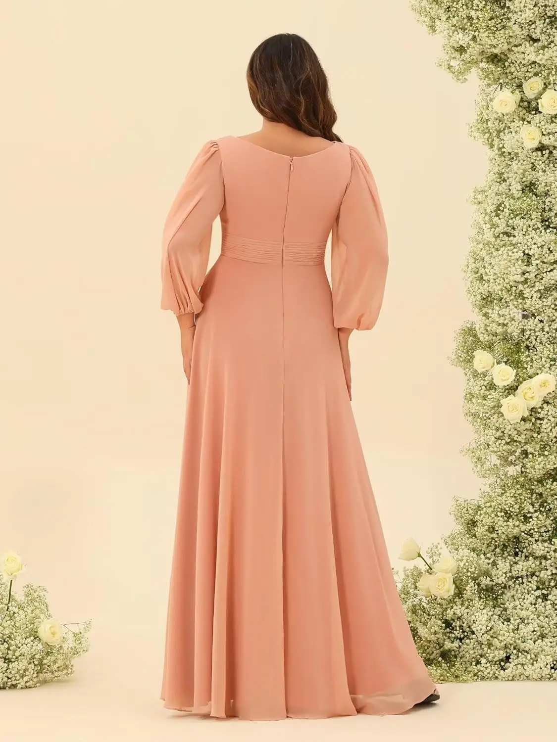 Chiffon Long Sleeves Bridesmaid Dresses Scoop Neck Pleated A Line Long Formal Dresses for Women Plus Size Wedding Guest Dress