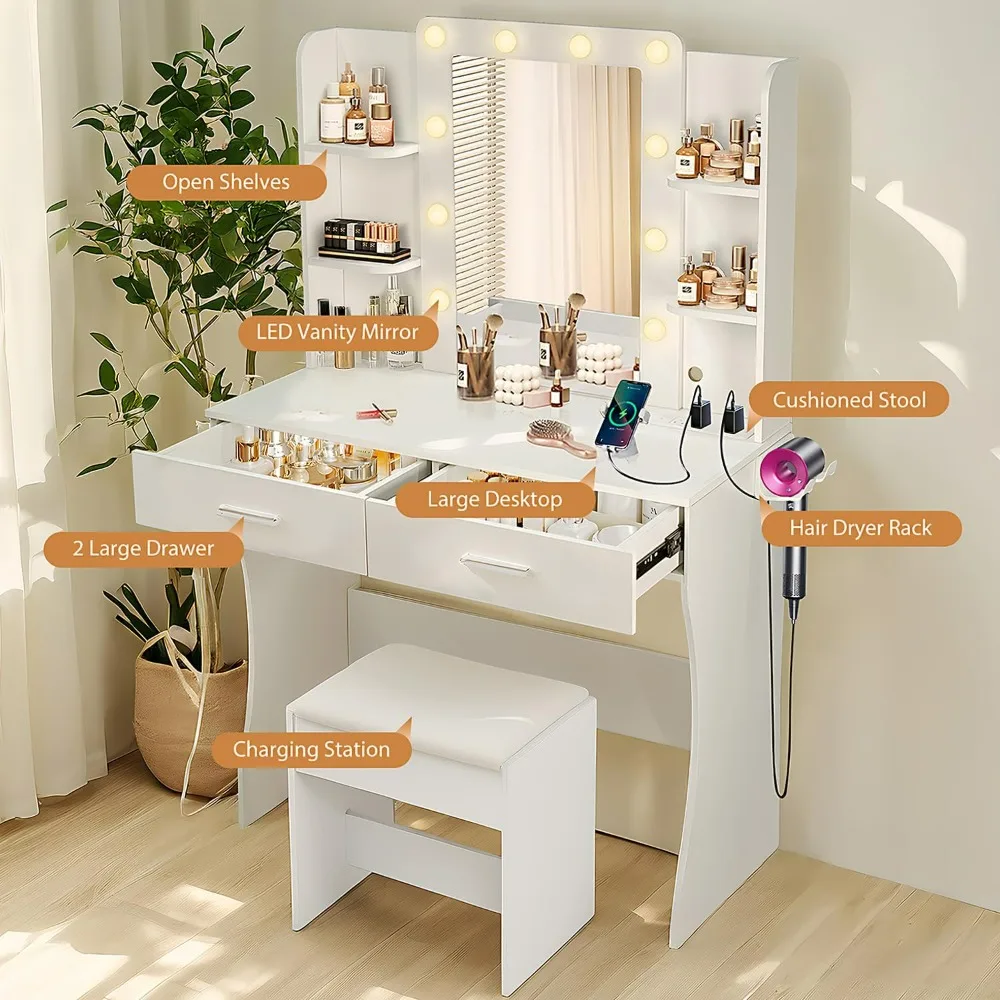 Meja Rias dengan Cermin dan Lampu, Stopkontak & Rak Pengering Rambut, 2 Laci dan 6 Rak Penyimpanan, Bangku Empuk, Meja Rias