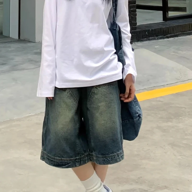 Y2K Vintage Baggy Jean Shorts Womens Washed Wide Leg Capri Pants Casual Barrel Jeans Denim Shorts Mens Oversized Jorts