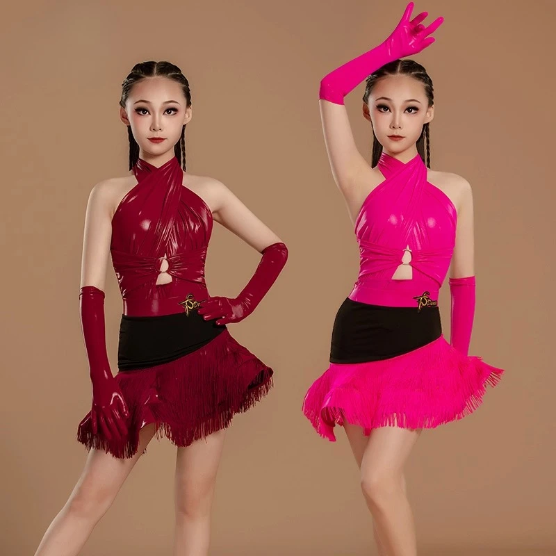 

High-end Latin dance costumes for summer new two-piece practice costumes high-gloss halter tassel half skirt dance costumes