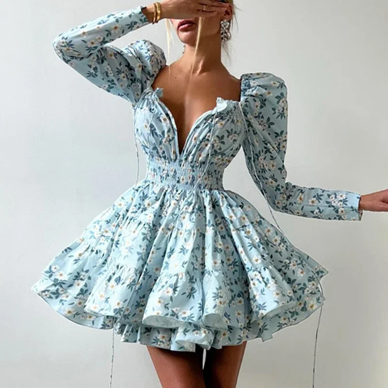 

Talenza Fashion Print Mini Dress Women's New High Waist Lace-up A-line Pleated Dress Vintage Luxury Female Elegant Party Dress