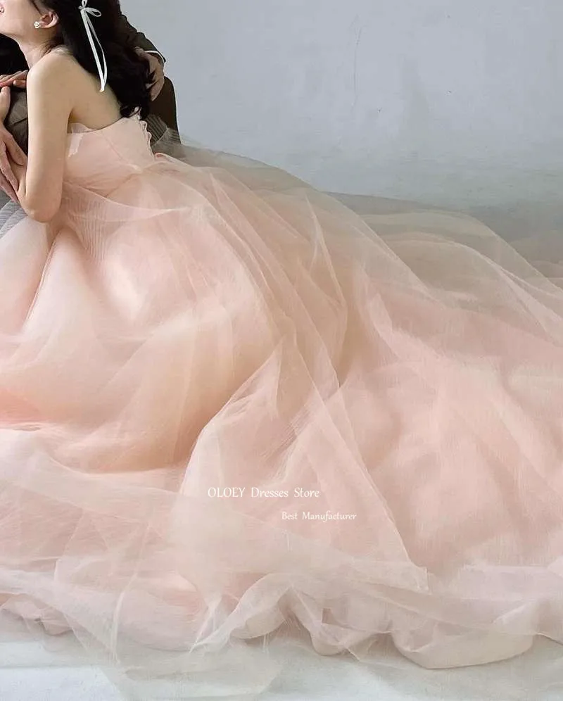 OLOEY Elegant Blush Pink Tulle Long Evening Dresses Wedding Photoshoot Strapless Floor Length Prom Gowns Formal Party Dress