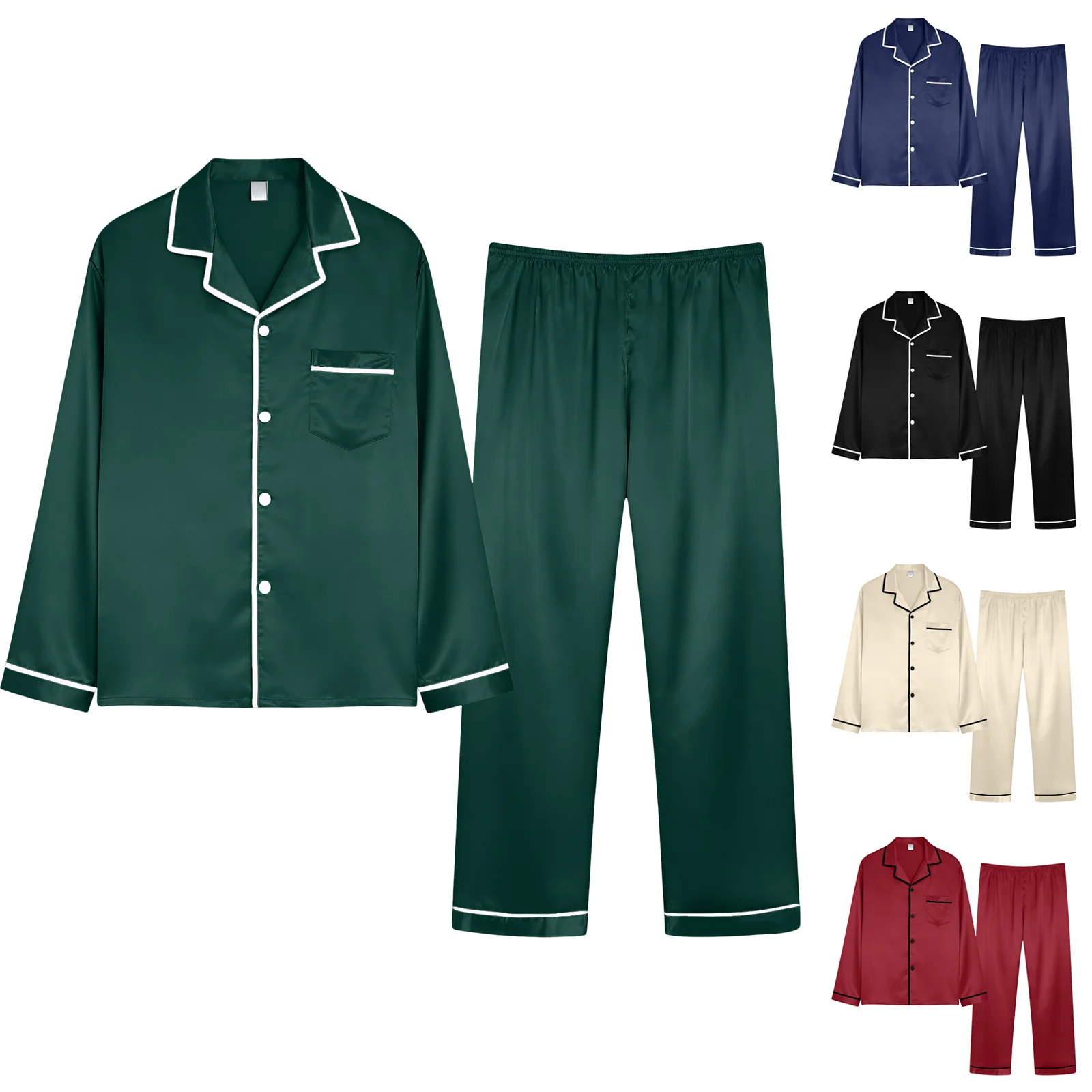 Men’S Solid Color Sleepwear Silk Satin Pajamas Set Long Button-Down Shirt And Pants Suit Spring Men Loungewear Plus Size Pj Set