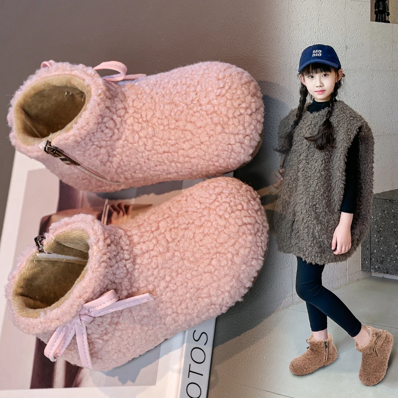 النسخة الكورية للفتيات من أحذية فرو الخروف مع أحذية قطنية دافئة قطيفة للثلج، منتج شتوي جديد للفتيات الصغيرات، أحذية قصيرة بنعل ناعم #2