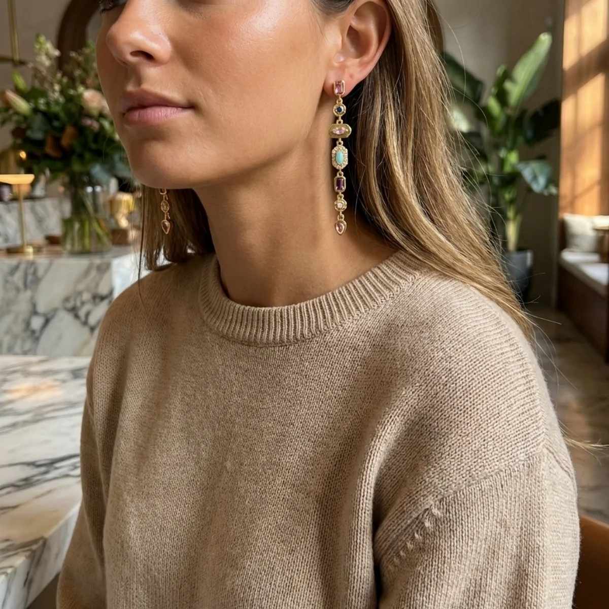 Bunte geometrische lange Quasten-Ohrringe mit Zirkonia für Damen und Herren, glänzende, elegante geometrische Ohrringe, Hochzeitsschmuck – Detail 8