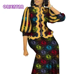 Conjuntos africanos para mujer, conjunto de 2 piezas a juego, estampado africano, manga abombada, Top con cremallera y faldas largas, trajes para mujer WY1469