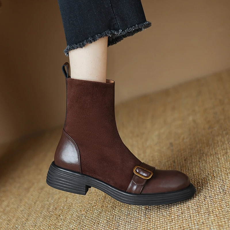 NEW Autumn Women Boots Split Leather Shoes for Women Round Toe Chunky Heel Shoes Zip Belt Buckle Boots Sheep Suede Leather Boots