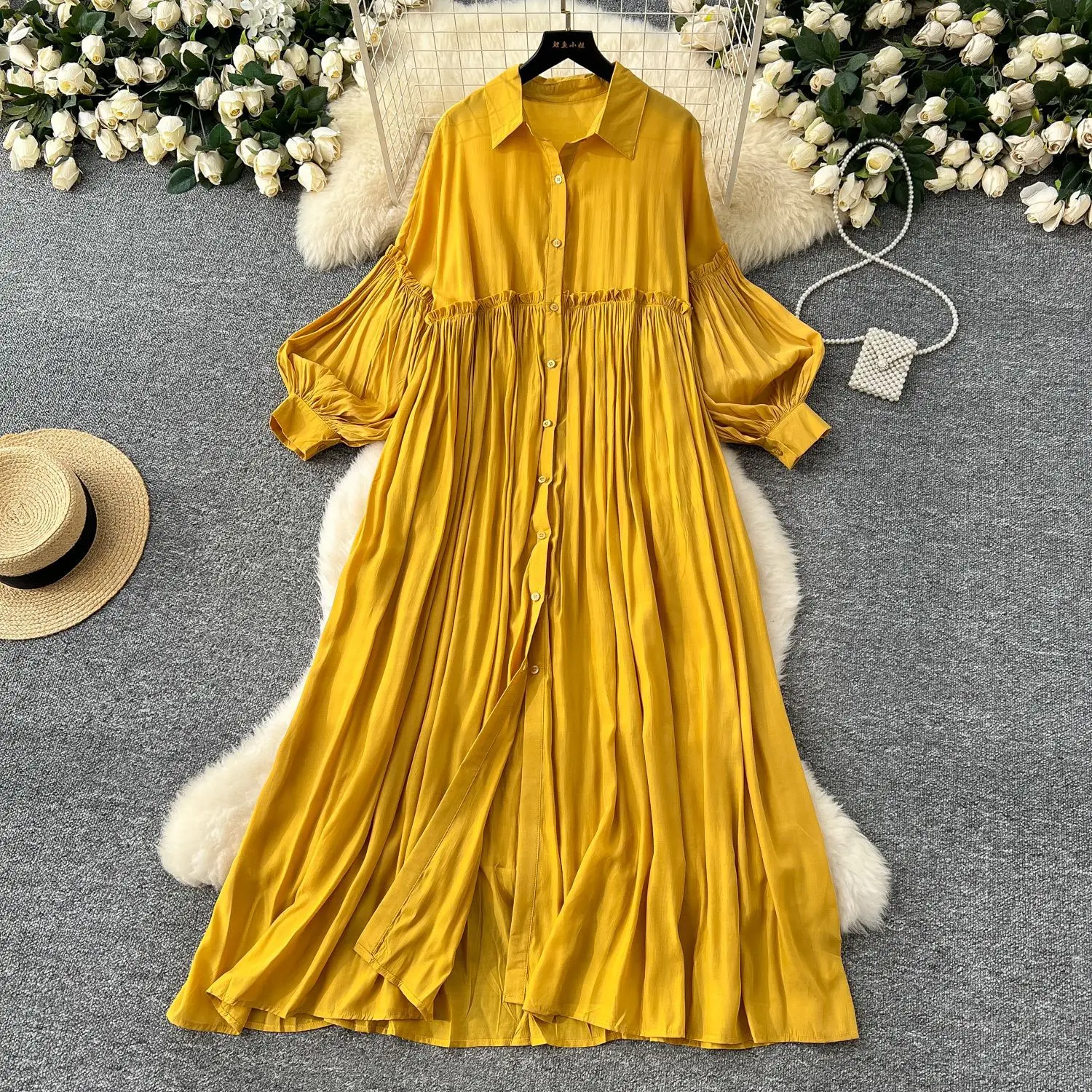 

Pleated Dress Women Long Dresses A Line Vestidos Streetwear Lantern Sleeve Elegant Splice Y2k Single Breasted Loose Summer 2025