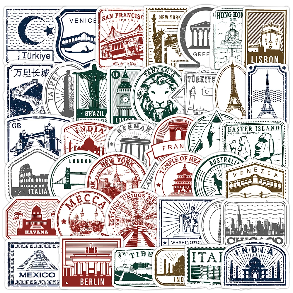 

10/30/50pcs Vintage Cartoon City Stamp Stickers Funny Graffiti Sticker Decoration Scrapbooking Suitcase Phone Car Decals Packing