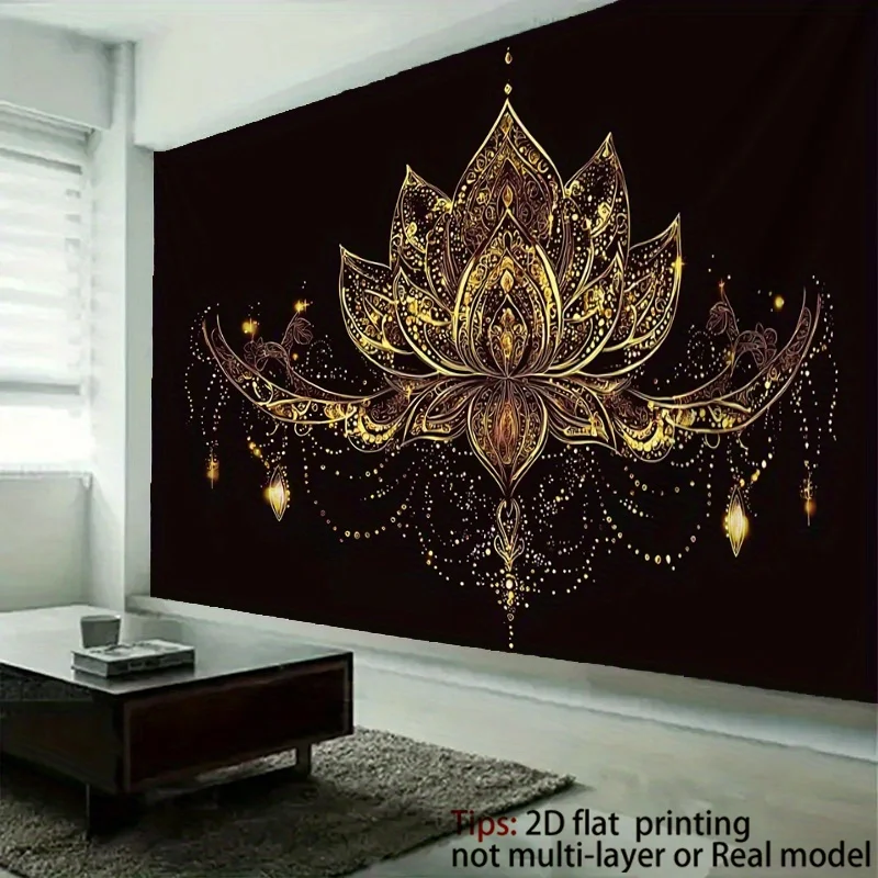Elegant Golden Lotus Mandala Tapestry Boho Wall Hanging Spiritual Islamic Art Bohemian Decor Moroccan Ethnic Style Room Decor De