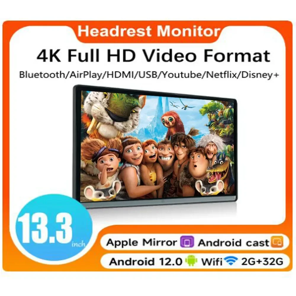 

Автомобильный монитор на подголовник 12 дюймов с IPS-экраном HD 1080P WIFI/HDMI/AV аудио Bluetooth FM-передатчик ОЗУ 4 Гб ПЗУ 64 Гб зеркальное отображение