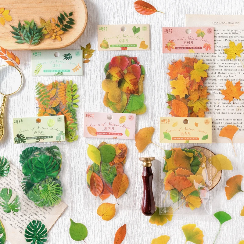 40PCS Leaf Nature Book Series Decorative PVC Stickers Pack INS Plants Sticker Scrapbooking Label Diary Cup Phone Journal Planner