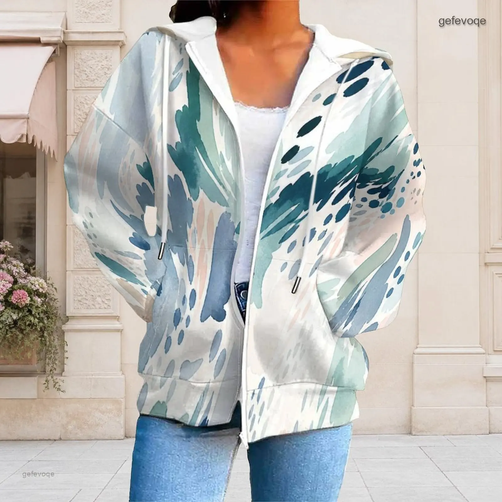 Women Abstract Watercolor Brush Print Full Zip Long Sleeve Hoodie with Pockets