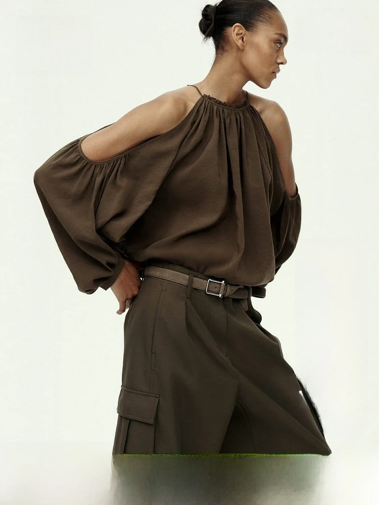 

Новая летняя женская рубашка H&M с открытыми плечами, повседневная, свободного кроя, с длинными рукавами, круглым вырезом, из модала и полиэстера, комфортный топ