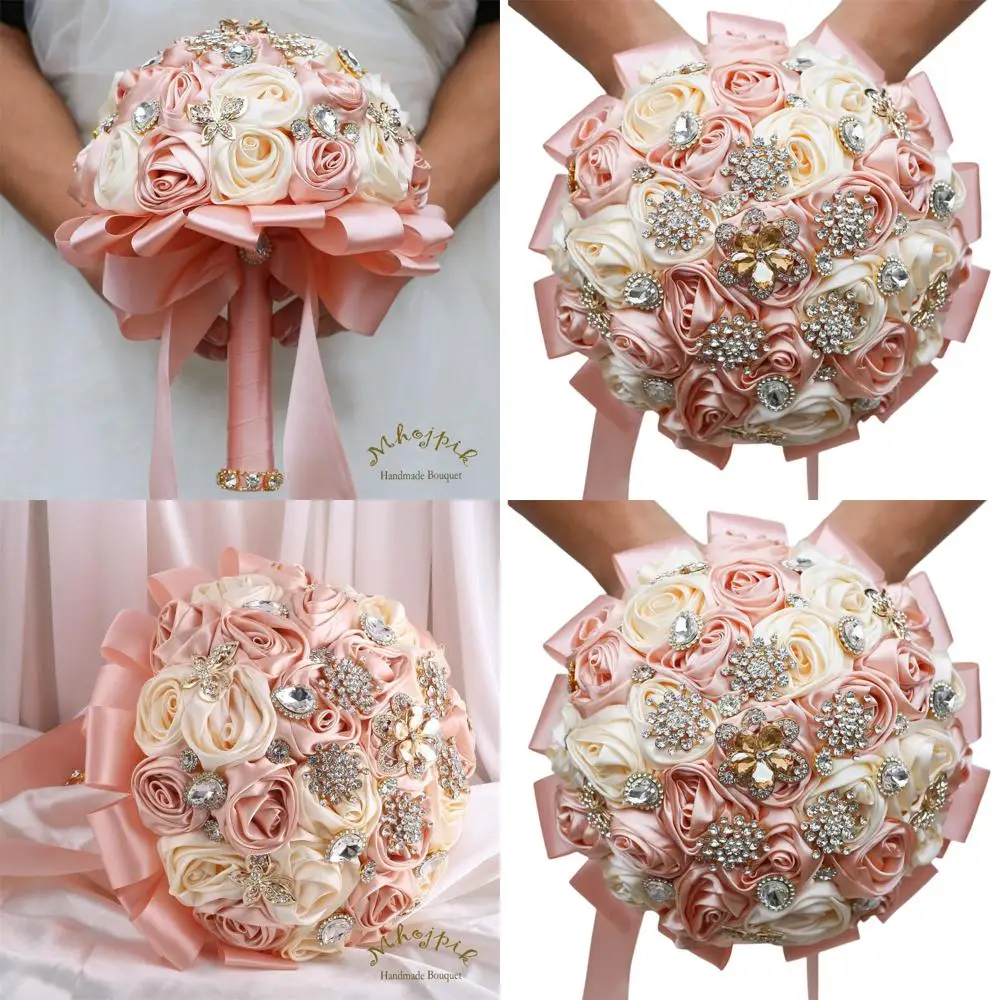 

Round Glittering Brooch Bouquet with Peach Pink & Cream Artificial Roses for Brides and Bridesmaids, Perfect for Weddings and Qu