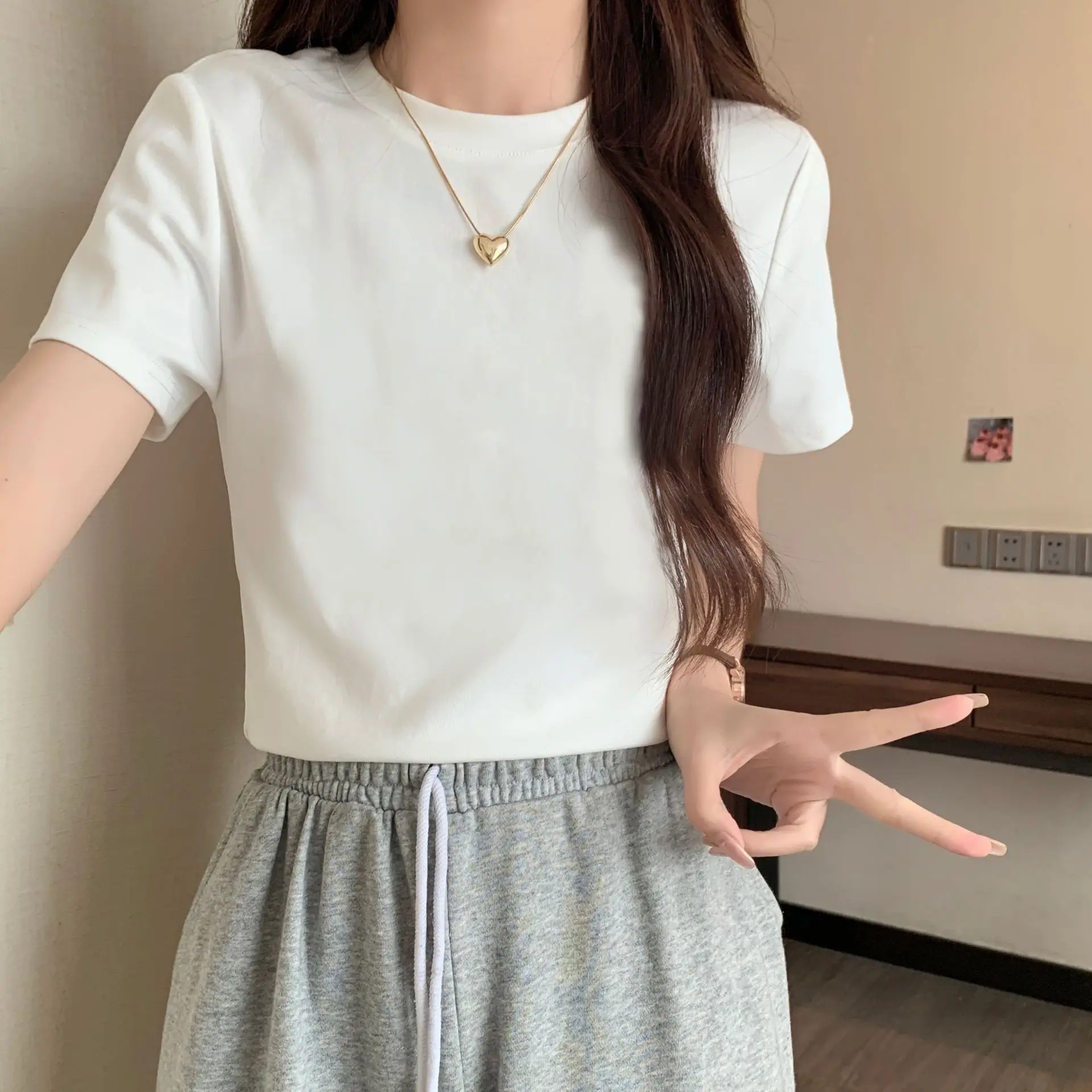 

Summer New Solid Color Shoulder Short-sleeved T-shirt Women's Round Neck Simple and Thin Basic Versatile Top Bottoming Shirt