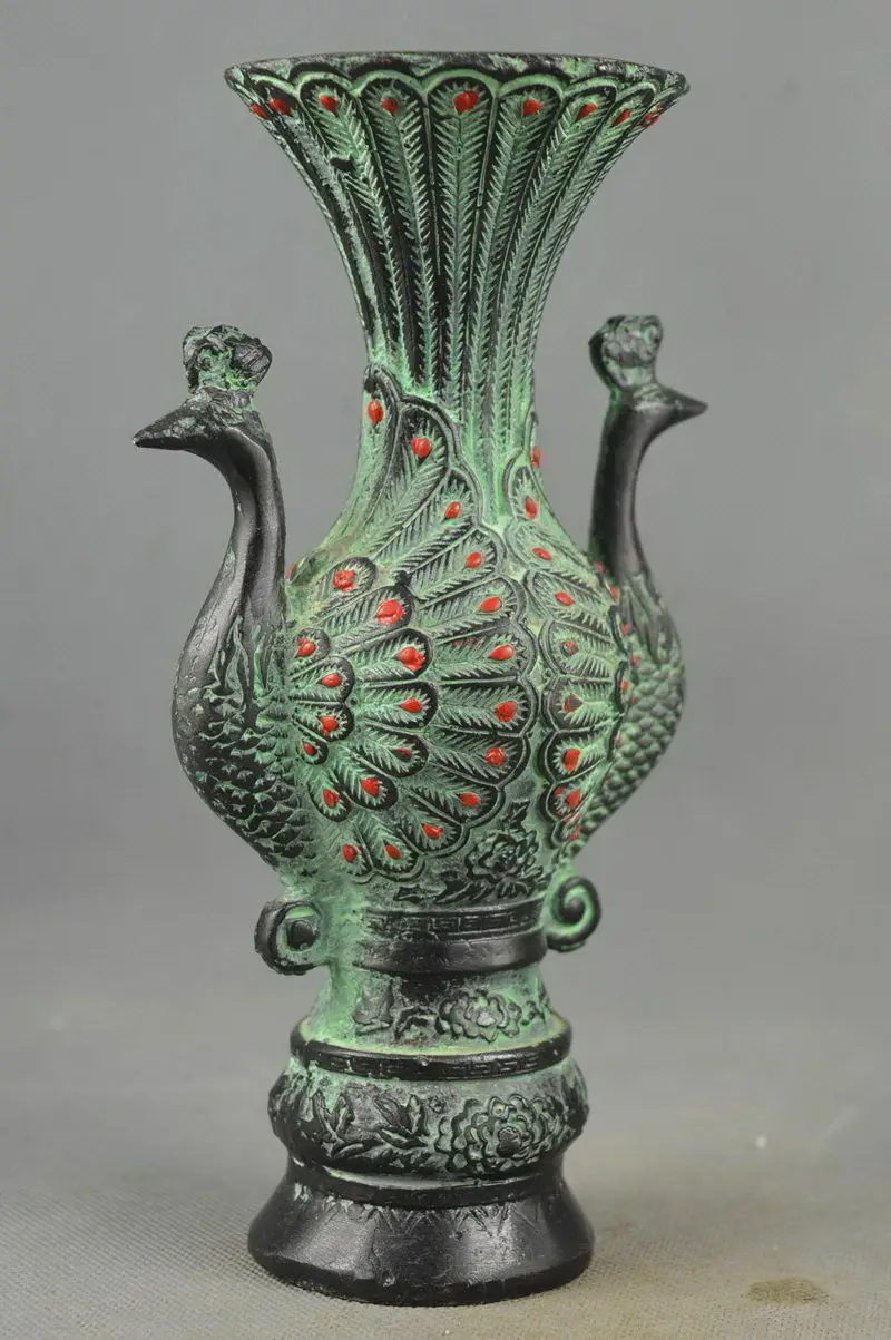 Collectible Handwork Old Bronze Carving Peacock Auspicious Vase