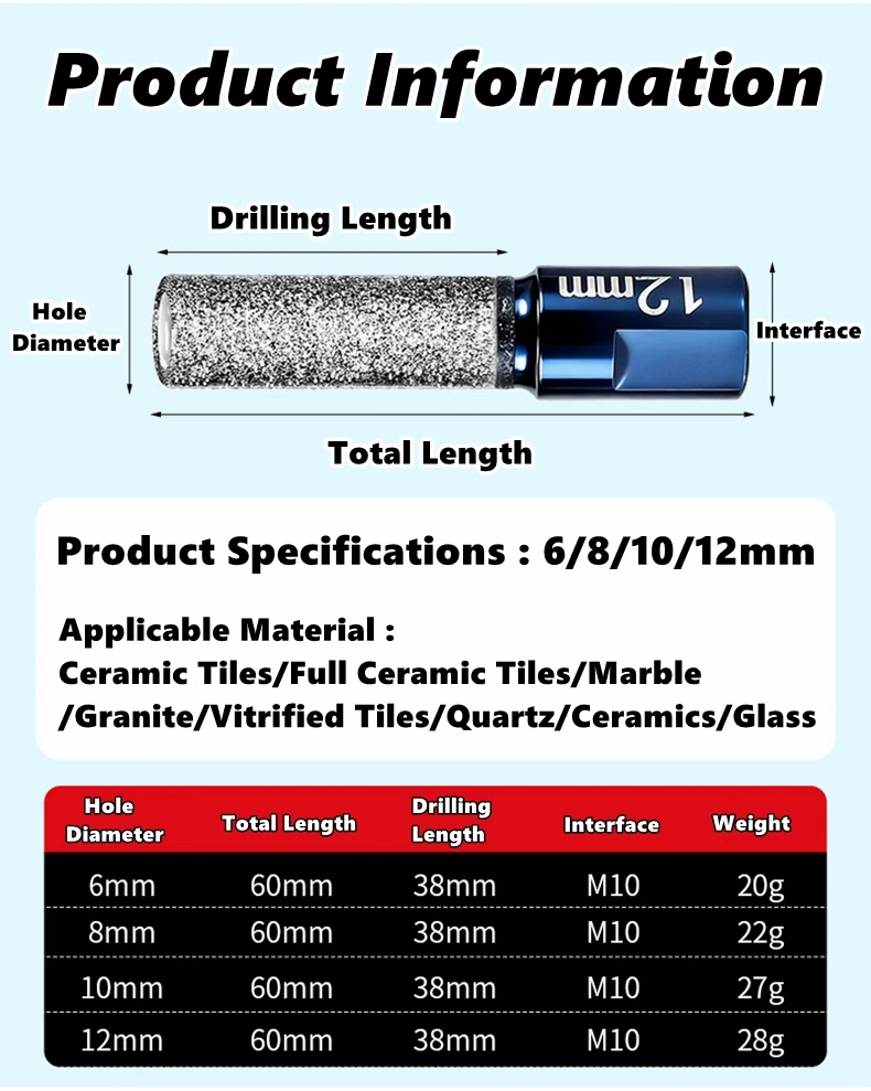 6/8/10/12mm M10 Vakuumgelöteter Fräser Lochsäge Winkelschleifer Gelöteter Kernbohrer für Keramik Granit Marmor Stein Fliesen – Detail 2