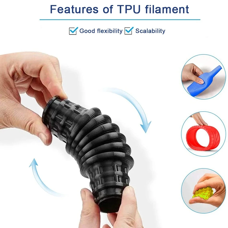 خيوط مرنة أساسية من مادة البولي يوريثان 1.75 مم 1 كجم 500 جرام 250 جرام طابعة FDM ثلاثية الأبعاد ناعمة من مادة البولي يوريثان عالية المتانة باللون الأسود والأخضر الأبيض عالي السرعة