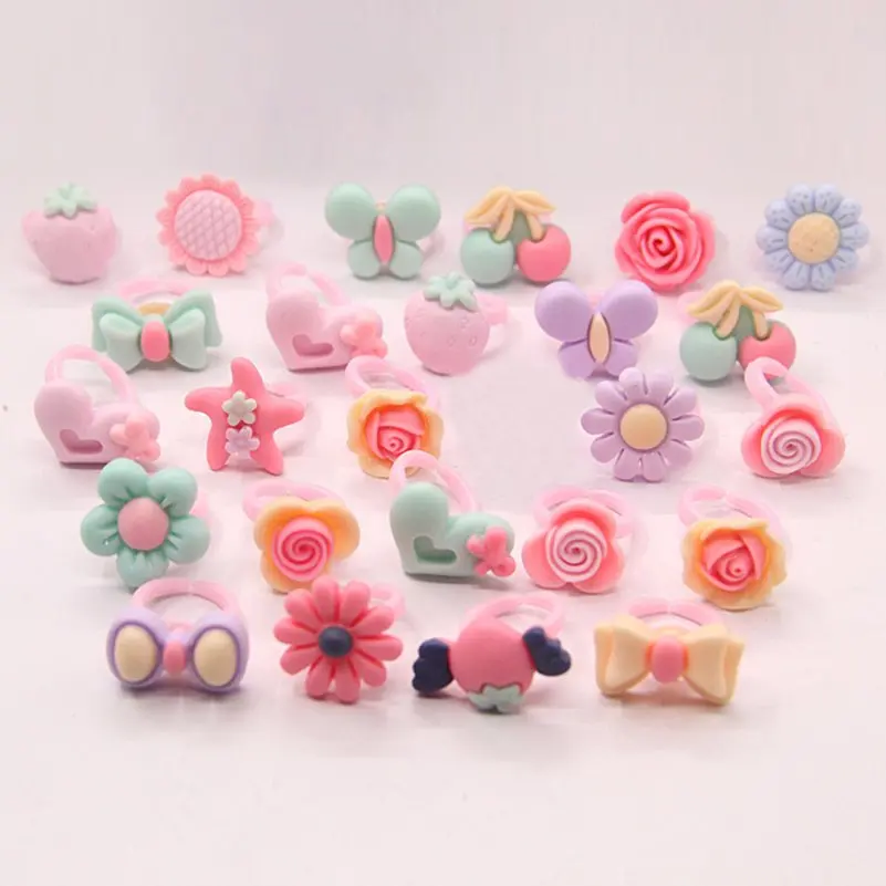 10pcs Mixed Cute Cartoon Rings For Children Fashion Colored Resin Flower Animal Adjustable Rings Jewelry Kids Girls Gifts