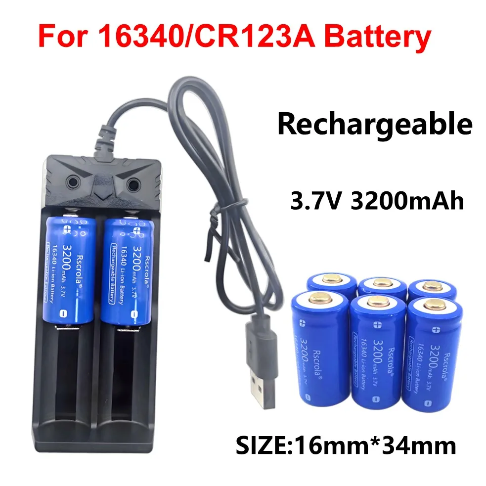 

Universal 16340/CR123A Rechargeable Battery, 3200mAh 3.7V Li-ion Batteries with Charger, Power for Headlamp,Arlo,Security Camera