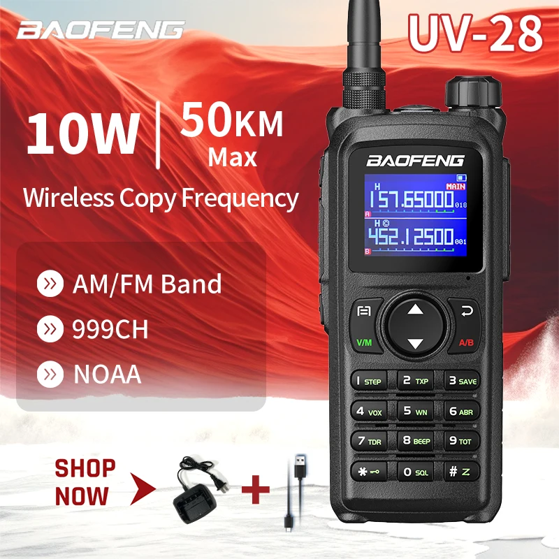 Baofeng UV-28 Walkie Talkie 10W Multi-Band 999CH Wirless Copy Frequency Long Range Receiver Type-C AM Two Way Portable Ham Radio